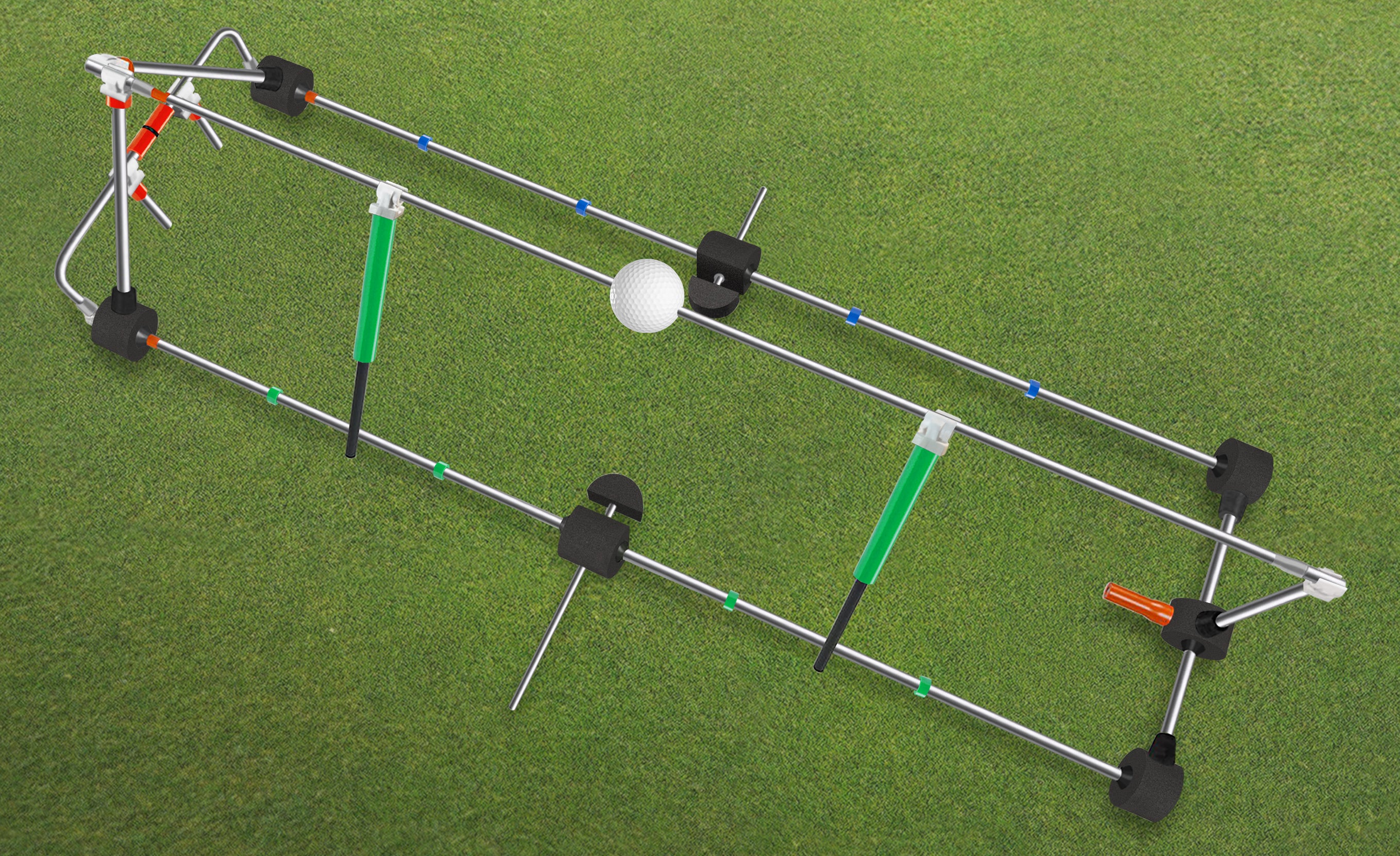 „BirdiePod Classic Golf-Putting-Trainer auf dem Übungsgrün zur Verbesserung der Puttbewegung und Genauigkeit.“