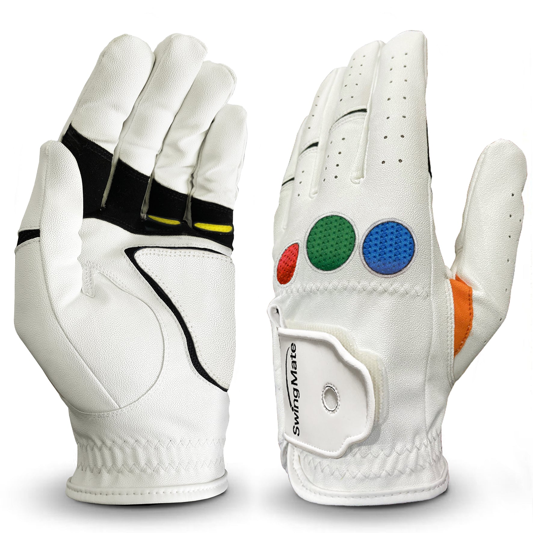 „Golfhandschuh mit Trainingsmarkierungen für richtige Griffposition.“