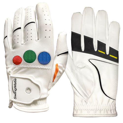 „Golf Trainingshandschuh mit Markierungen zur Unterstützung der richtigen Grifftechnik.“