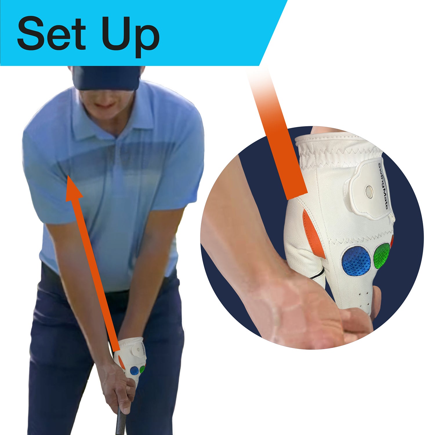 „Golfhandschuh mit Trainingsmarkierungen für die richtige Set-Up Griffposition.“