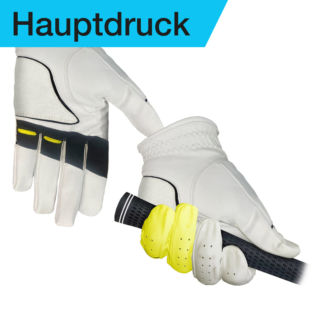 „Golfhandschuh mit Trainingsmarkierungen für die richtige Griffstärke.“